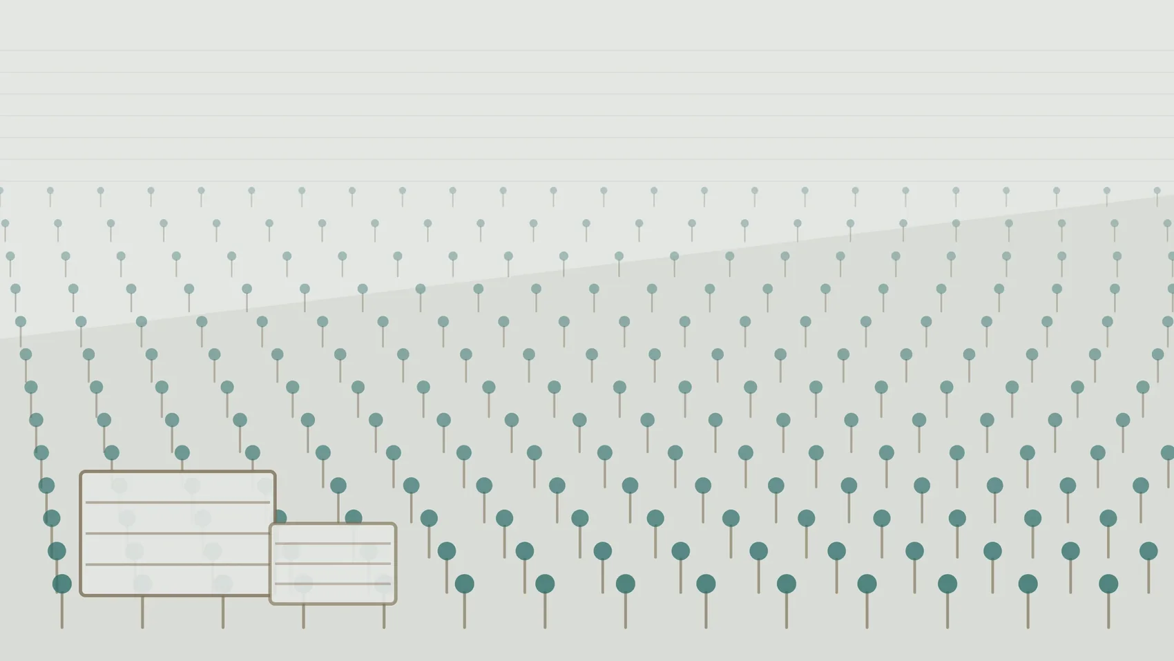 Abstract diagram of orchard rows receding across a slope, with two stacked wooden fruit crates in the foreground
